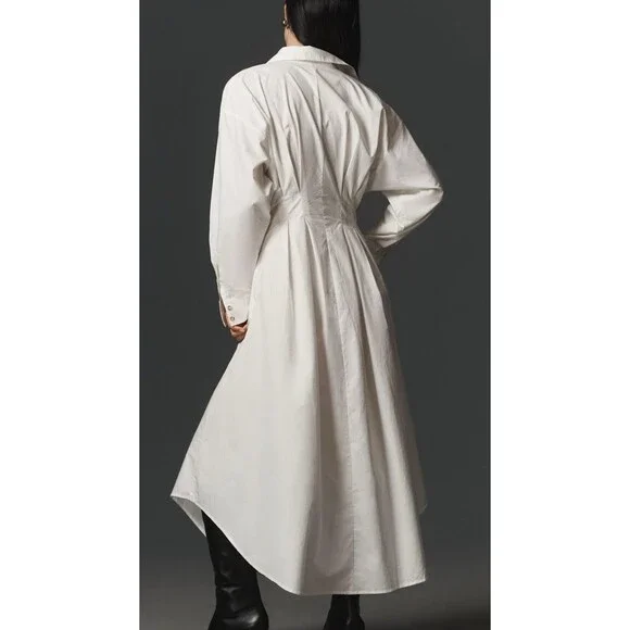 anthropologie pleated buckle midi shirt dress Anthropologie Midi Shirt Dress Ivory Long Sleeve Pleated Buckle Retro Size  6 NWT Midi